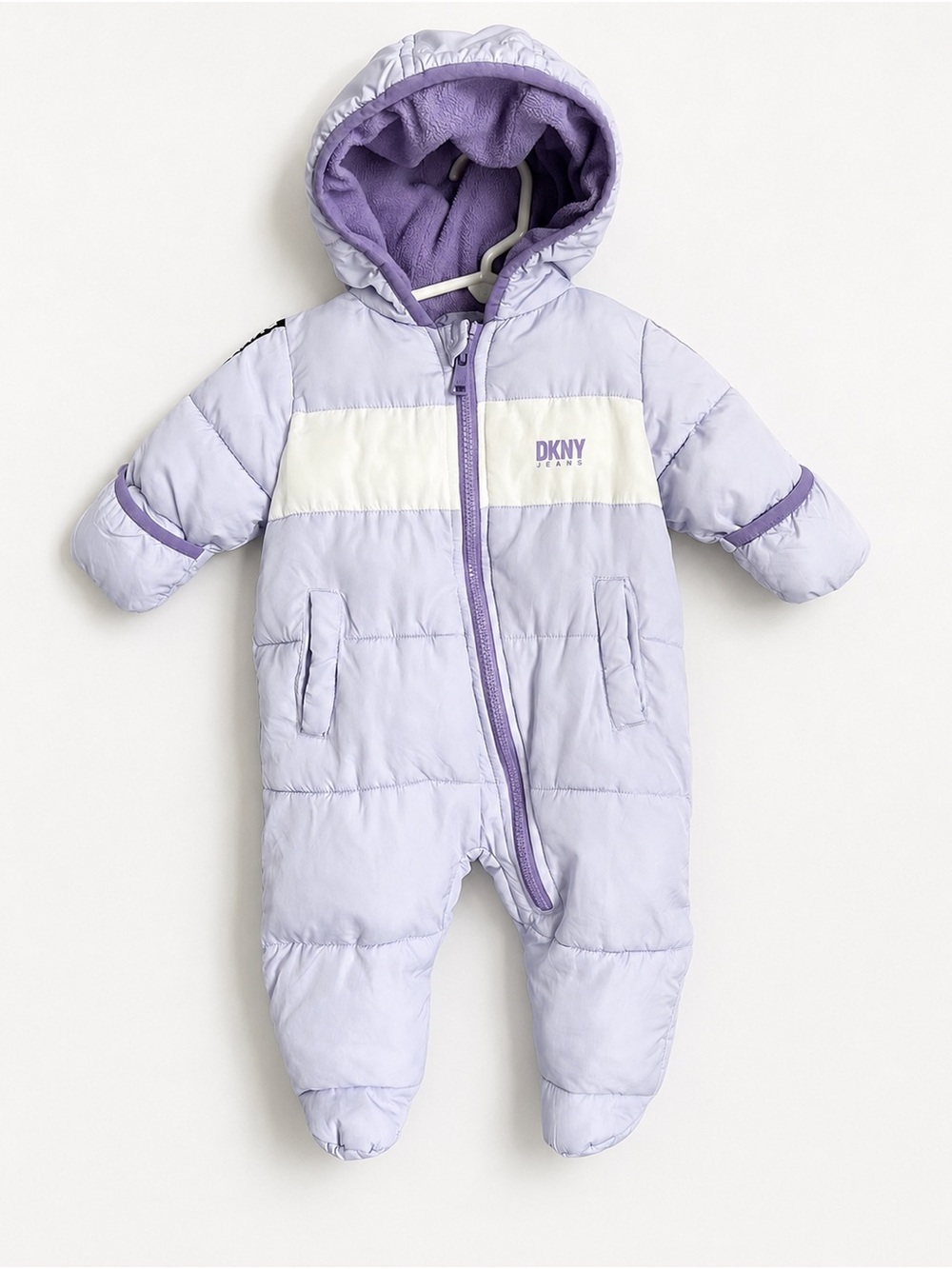 DKNY Lilac and White Baby Puffer Bunting with Hood